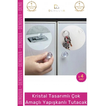 #Kulp Kristal Elmas Kesim Vidasız Montaj Dekoratif Çok Amaçlı Yapışkanlı Tutacak Buton - 4 Adet