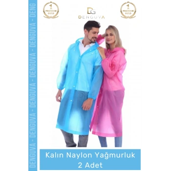 #Yağmurluk Su Geçirmez Mavi Çıtçıtlı Kapüşonlu Dayanıklı Kaliteli Uniseks Kalın Naylon Yağmurluk - 2 Adet