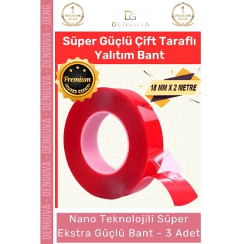 #Bant Çift Taraflı Akrilik Silikonize Şeffaf Güçlü Yapışkanlı Montaj Bant 18 mm x 2 metre - 3 Adet