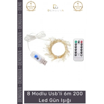 #LedIşık Dekoratif Aydınlatma USB Bağlantılı Kumandalı 8 Modlu Esnek Bakır Tel 6m 200 Led Gün Işığı