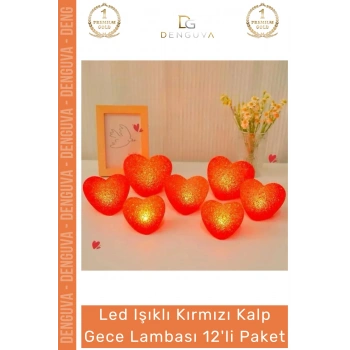 #LedIşık Kırmızı Kalp Formlu LED Pilli Romantik Dekoratif Aydınlatma Gece Lambası 12li Paket
