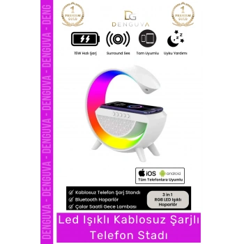 #TelefonStandı RGB LED Işıklı Kablosuz Şarjlı Masa Lambası Saatli Hoparlör Telefon Standı 3 in 1 Speaker