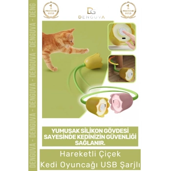 #KediOyuncağı USB Şarjlı İnteraktif Sallanan Kuyruklu Silikon Gövdeli Eğitici Hareketli Çiçek Kedi Oyuncağı