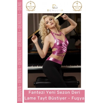 Seksi Metalik Kumaş Çapraz Bağlamalı Crop Top Fuşya Deri Lame Büstiyer Tayt