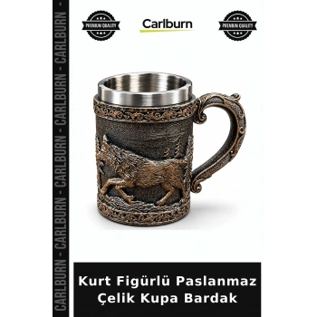 Kurt Figürlü 3D Kabartmalı Paslanmaz Çelik Kupa Bardak