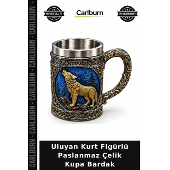 Uluyan Kurt Figürlü 3D Paslanmaz Çelik Kupa Bardak Alk6264