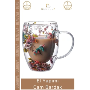 #CamBardak Çift Camlı Kurutulmuş Çiçekli Borosilikat Şık Estetik Zarif Cam Handmade Bardak 250ml