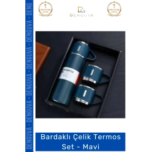 #Termos Vakumlu Paslanmaz Hediye Kutulu Isı Yalıtımlı Sızdırmaz Bardaklı Çelik Termos Set Mavi