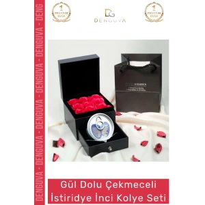 #Kolye Sevgiliye Hediye Kırmızı Gül Çekmeceli Kutu Tasarım Şık Takı İstiridye İnci Kolye Seti