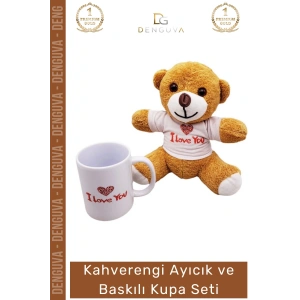 #AyıcıkSeti Love Baskılı Tişörtlü Peluş Kahverengi Porselen Hediye Ayıcık Kupa Bardak Seti