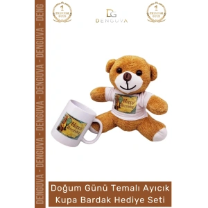 #AyıcıkSeti Happy Birthday Baskılı Tişörtlü Peluş Kahverengi Porselen Hediye Ayıcık Kupa Bardak Seti