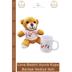 #AyıcıkSeti Love Baskılı Tişörtlü Peluş Kahverengi Porselen Hediye Ayıcık Kupa Bardak Seti