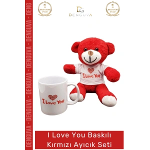 #AyıcıkSeti I Love You Baskılı Tişörtlü Peluş Hediye Kırmızı Ayıcık Porselen Kupa Bardak Seti