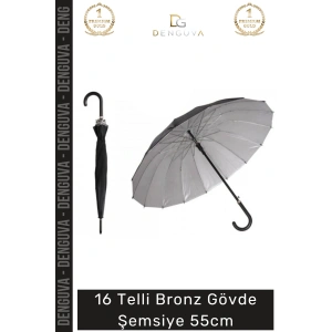 #Şemsiye Otomatik Baston Tipi Rüzgar Korumalı Fiber Sağlam Şık 16 Telli Bronz Gövde Şemsiye 55cm