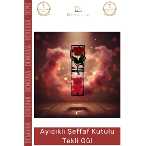 #TekliGül Ayıcıklı Hediyelik Yapay Dekoratif Sevgililer Günü Yıl Dönümü Kalıcı Şeffaf Kutulu Tekli Gül
