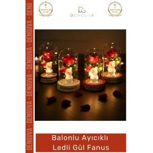 #Fanus Sevgiliye Hediye Romantik Işıklı Dekoratif Işığı Yapay Balonlu Ayıcık Ledli Gül Fanus