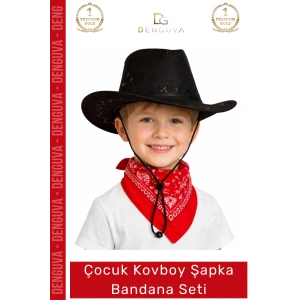 #Kostüm Çocuk Kovboy Şapkası Western Kostüm Aksesuarı Kırmızı Fular Siyah Kırmızı Bandana Seti