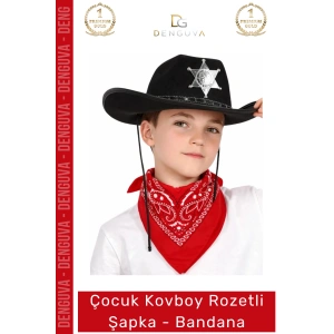 #Kostüm Çocuk Kovboy Şapka Sheriff Yıldız Rozet Kostüm Aksesuar Set Rozetli Siyah Kırmızı Bandana