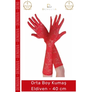 #Eldiven Kırmızı Likralı Saten Dantelli Zarif Şık Davet Parti Kostüm Sahne 40cm Orta Boy Kumaş Eldiven