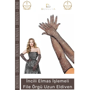 #Eldiven Siyah İncili Elmas İşlemeli 45 cm Likralı Abiye Kostüm Şık Aksesuar File Örgü Uzun Eldiven