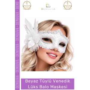 #Maske Beyaz Tüylü Venedik Lüks Tasarım Şık Kostüm Aksesuarı Parti Özel Davet Balo Maskesi
