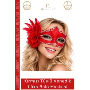 #Maske Kırmızı Tüylü Venedik Tasarım Lüks Parti Kostüm Aksesuarı Gösterişli Şıklık Balo Maskesi