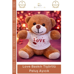 #Peluş 25 cm Love Baskılı Yumuşak Kaliteli Hediyelik Şık Sevimli Tişörtlü Kahverengi Peluş Ayıcık