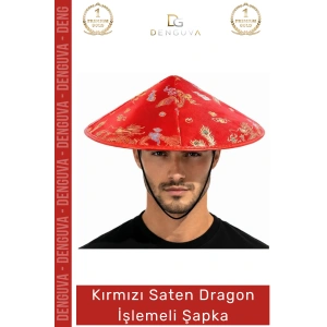 #Şapka Kırmızı Saten Nakışlı Geleneksel Çin Desenli Parti Sahne Dragon İşlemeli Lastikli Şapka