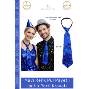 #PartiKravatı Mavi Renk Pul Payetli Fermuarlı Lastikli Sahne Kostüm Işıltılı Parti Kravatı 33 cm