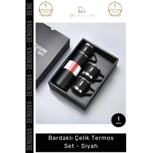 #Termos Vakumlu Isı Yalıtımlı Paslanmaz 500 ml Mat Hediyelik Bardaklı Çelik Termos Set Siyah