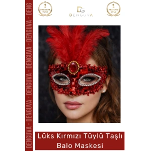 #BaloMaskesi Lüks Kırmızı Payetli Pul Detaylı Kostüm Partisi Aksesuarı Kadın Tüylü Taşlı Balo Maskesi