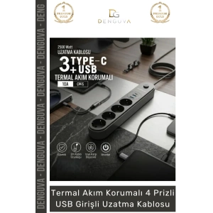 #UzatmaKablo Akım Korumalı TypeC Enerji İstasyonu Priz Hızlı Şarj Kablolu USB Girişli Uzatma Kablosu