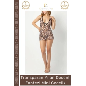 #FanteziGecelik Transparan Yılan Desenli Şık Zarif Seksi Kadın Tül Mini Desenli Fantezi Mini Gecelik