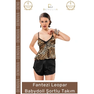 #Babydoll Şık Dantel Detaylı Kaliteli Rahat Kadın Gecelik Pijama Takımı Leopar Babydoll Şortlu Takım