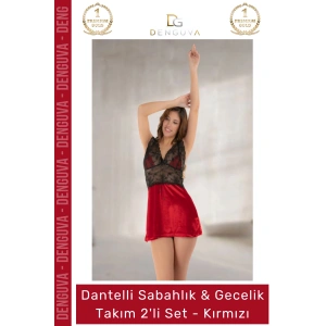 #Gecelik Kadife Kırmızı Dantelli Lüks Çeyizlik Şık Kalite Yeni Sabahlık Gecelik Takım 2li Set