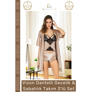 #Gecelik Dantelli Kadife Vizon Lüks Şık Büstiyer Şort Çeyizlik Sabahlık Gecelik Takım 3lü Set