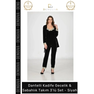 #Gecelik Kadife Siyah Lüks Esnek Likralı Şık Kadın Çeyizlik Sabahlık Gecelik Takım 3lü Set