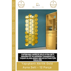 #GoldAyna Dekoratif Altıgen Modern Duvar Dekoru Tasarım Yapışkanlı Akrilik Gold Ayna Seti - 12 Adet