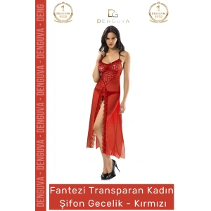 #FanteziGecelik Kaliteli Kumaş Fantezi Dantel Detaylı Şık Tanga Takımı Lüks Zarif Kırmızı Şifon Gecelik