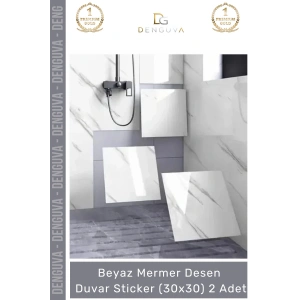 #Sticker Isıya Dayanıklı Su Geçirmez Mutfak Banyo Sticker Yapışkanlı Beyaz Mermer Deseni 30x30cm - 2 Adet