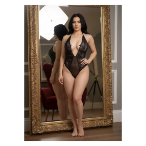 #FanteziBabydoll Şık Tasarım Dantelli Transparan Esnek Kristal Detaylı Kadın Gece Siyah Taşlı Bodysuit