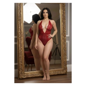 #FanteziBabydoll Kadın Transparan Dantel Detaylı Şık Esnek Tasarım Lüks Modern Giyim Kırmızı Taşlı Bodysuit