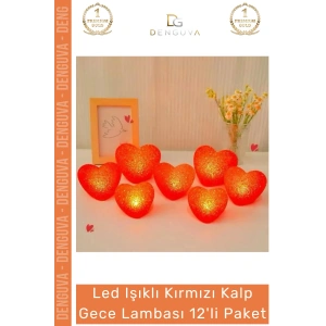 #LedIşık Kırmızı Kalp Formlu LED Pilli Romantik Dekoratif Aydınlatma Gece Lambası 12li Paket