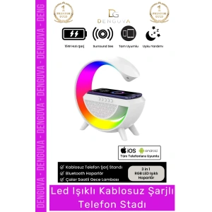 #TelefonStandı RGB LED Işıklı Kablosuz Şarjlı Masa Lambası Saatli Hoparlör Telefon Standı 3 in 1 Speaker