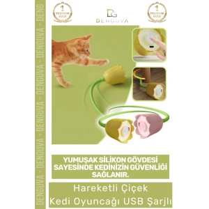 #KediOyuncağı USB Şarjlı İnteraktif Sallanan Kuyruklu Silikon Gövdeli Eğitici Hareketli Çiçek Kedi Oyuncağı