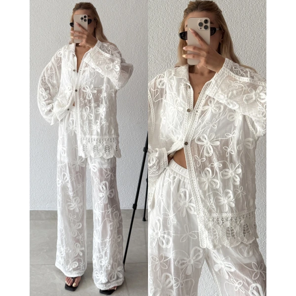 %100 Linen Kumaş İşlemeli Gömlekli Takım