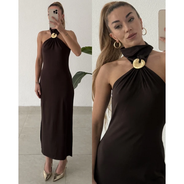 Gold Aksesuar Detaylı Uzun Elbise