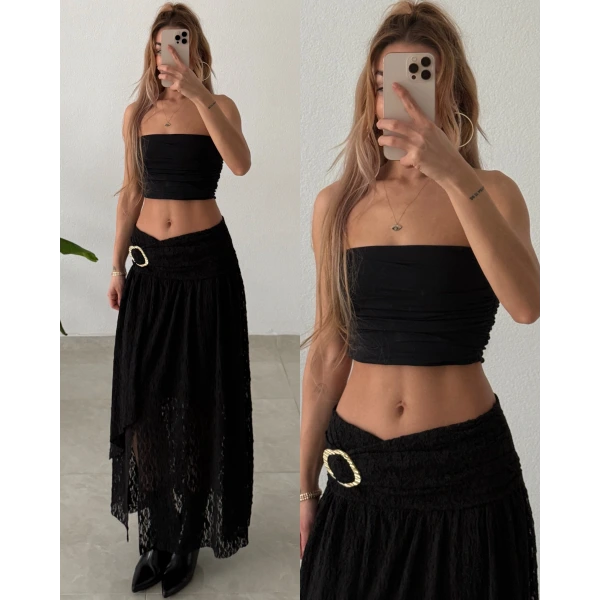 Gold Aksesuarlı Uzun Dantel Etek