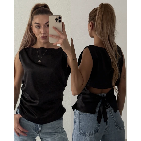 Sırt Dekolteli Bağlamalı Siyah Saten Bluz
