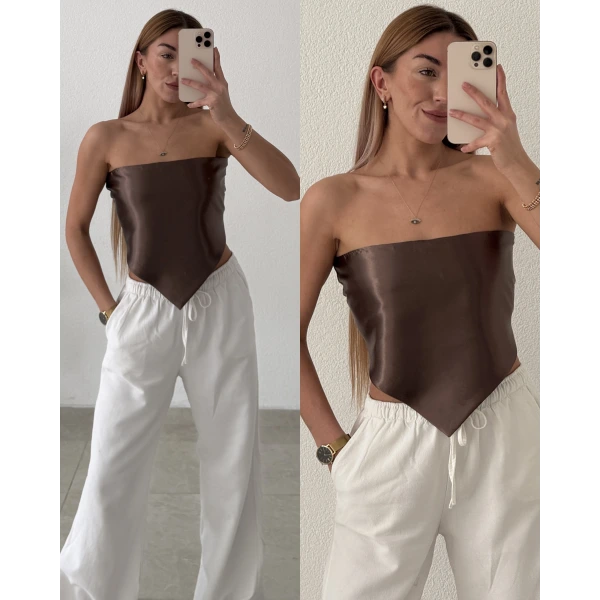 Saten Sırt Dekolteli Straplez Crop